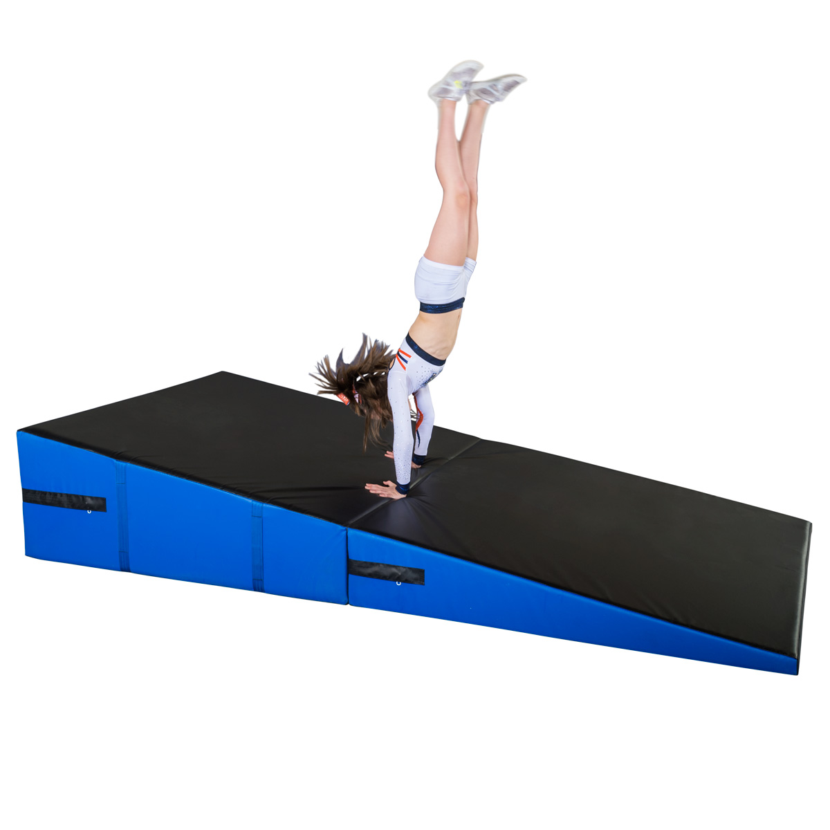 cheerleader doing a front round-off on large folding incline mat from mancino
