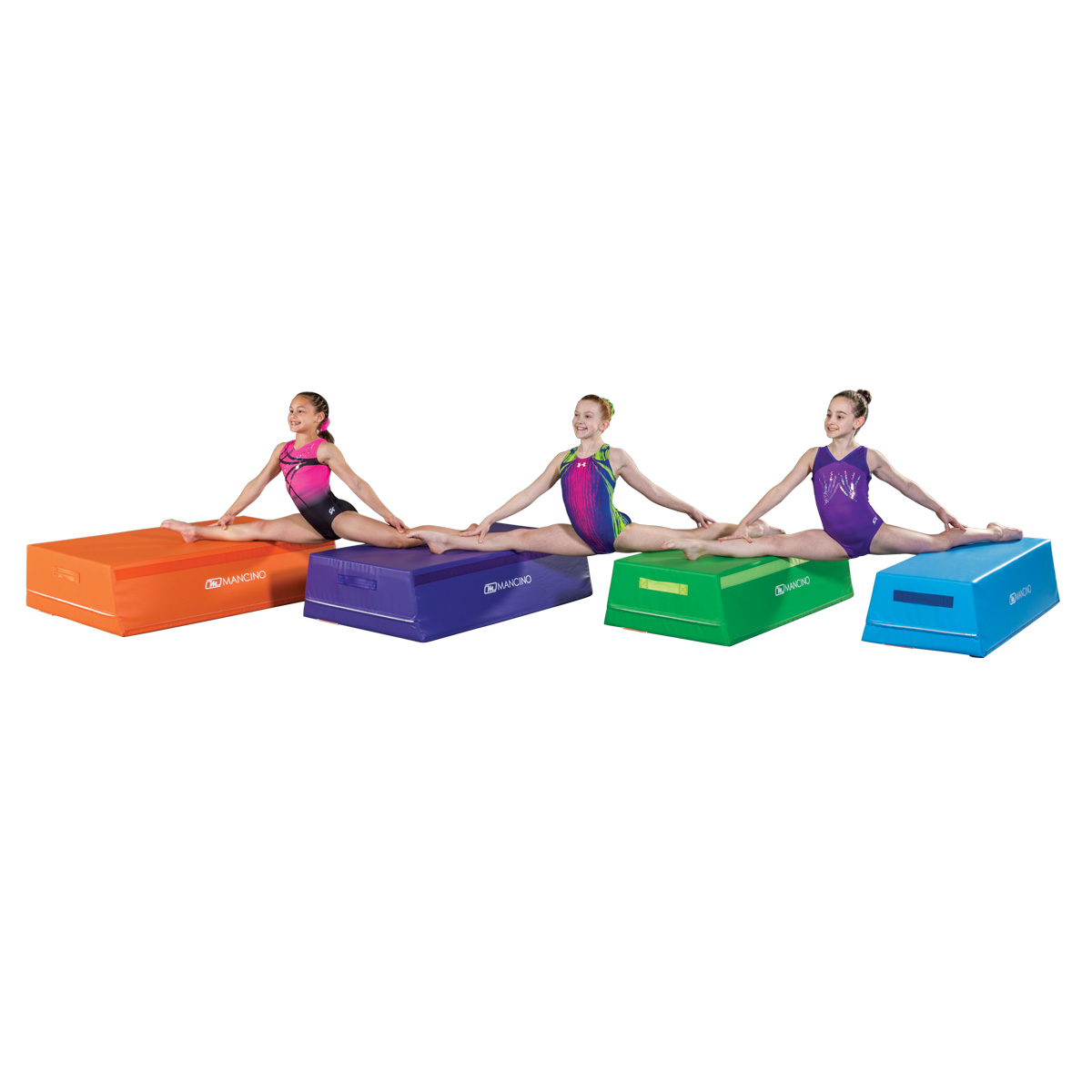 3 gymnasts doing splits on 4 sections of a trapezoid training shape